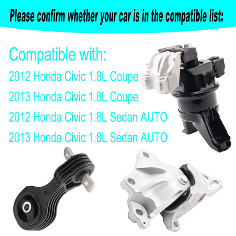 Set Of 3 Engine Motor Mount And Transmission Mount Kit For 2012 Through 2015 Civic 1.8L with visible mounts