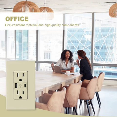 USB C Outlet With 24W Power Delivery And USB A Port 125V Tamper Resistant Receptacle 15 Amp Screwless Wall Plate UL Listed in an office