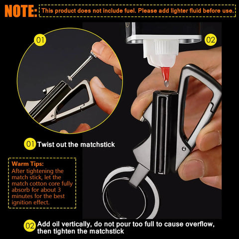 Infinity Permanent Match Lighter With Multitool Keychain Bottle Opener, being refilled with oil, highlighting twist mechanism.