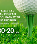Durable Unbreakable Plastic Golf Tees Set That Stays Tough In Three Sizes with a golf ball on green tees, 80+20 pack label