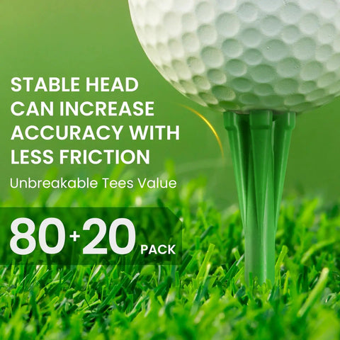 Durable Unbreakable Plastic Golf Tees Set That Stays Tough In Three Sizes with a golf ball on green tees, 80+20 pack label