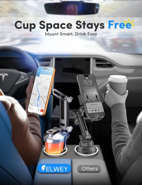 Cup Holder Phone Mount For MagSafe Magnetic Car Holder With Dual Adjustable Bases And N55 Magnet keeps phone secure in car.