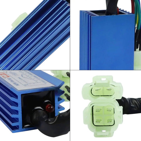 Close-up of High Performance GY6 6 Pin AC Racing CDI Box with aluminum casing and connectors for scooters and ATVs.