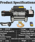 Heavy Duty Electric Winch Kit For Jeeps And Trucks With 4000 Lbs Load Capacity, 24V Power, Waterproof IP67 Rating, Wireless Remote, Steel Cable Towing Gear For Off-Road Adventures And Boat Recovery product specifications image