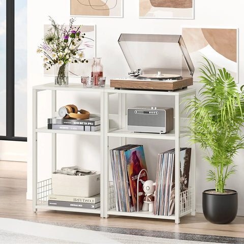 Large White Record Player Stand With 3 Tier 18 Inch Wide End Table For Vinyl Storage Up To 130 Albums Sturdy Industrial Style Turntable Table And Modern Side Table For Living Room Bedroom Or Office, white metal shelf