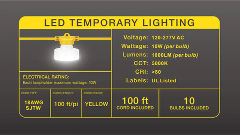 LED info chart for Beast Bright 100 Foot LED Construction String Light With 10 Bulbs, Industrial Grade Work Lighting, 10000 Lumen