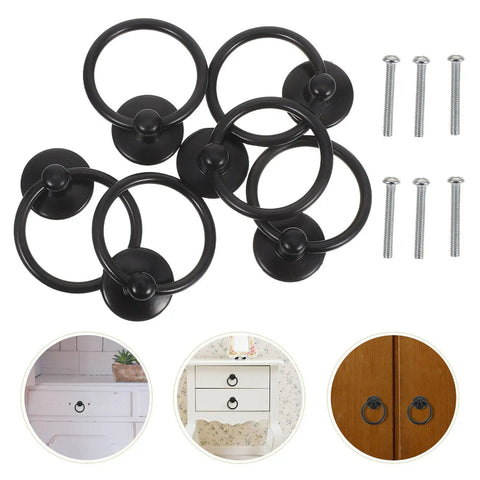 Six Piece Vintage Drop Ring Drawer Pulls For Dressers And Cabinets With Retro Old School Cool Black Zinc Alloy Handles Single Hole