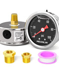 Stainless Steel Liquid Filled Pressure Gauge 0-100 Psi, One Eighth NPT, One Point Five Inch Dial, Back Mount, Glycerin Filled For Smooth Readouts, Beefy Industrial Gauge For HVAC And Plumbing, Includes Quarter NPT And Three Eighths NPT Hex Bushings on white background