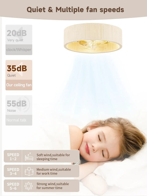 Jughtbo Boho Caged Fandelier Ceiling Fans with Lights and Remote Control in a natural fabric shade, showing fan speed options and lighting.