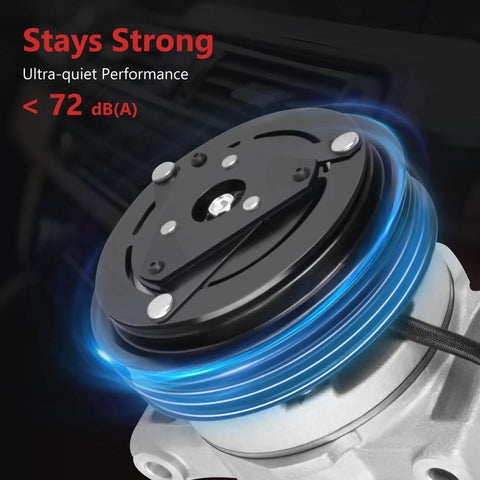 Heavy Duty Ac Compressor With Clutch For 3.6L Pentastar Engine, showcasing 6 groove pulley and quiet performance features.