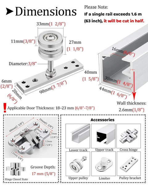 Sliding Barn Door Hardware Track Kit dimensions with aluminum U channel guide, supports up to 330 lb, for 18-23 mm thick doors.