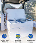 Boat galley with stove and sink supported by Beefy 20 Inch Stainless Gas Struts 80 Lb Marine Grade 2 Pack With Brackets For Heavy Duty.