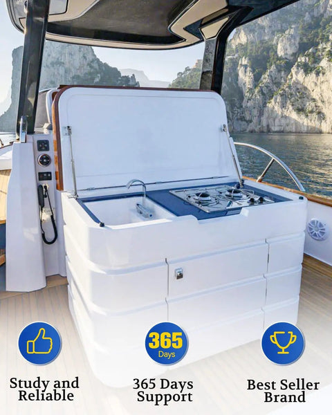 Boat galley with stove and sink supported by Beefy 20 Inch Stainless Gas Struts 80 Lb Marine Grade 2 Pack With Brackets For Heavy Duty.