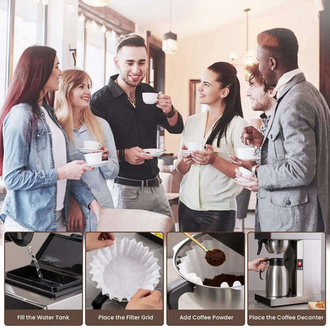 Group enjoying coffee in an office environment with steps to use the Workhorse Commercial Drip Coffee Maker With 12 Cup Capacity And 74 Ounce Thermal Carafe In Stainless Steel For Busy Kitchens And Offices Model SFCB1AA.