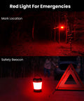 Rechargeable LED Camping Lantern With Dimmable Warm And Cool Light And Red Night Mode shown as emergency beacon in forest