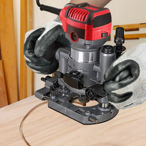 Built Tough Aluminum Plunge Router Base Bracket Replacement For Compact Palm Routers With Effortless Quick Lock Setup and Ridiculously Fine Depth Tweaking For Serious Builders, showing a router in use.