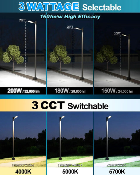 LED Parking Lot Light With Selectable 150W 180W 200W 4000K 5000K 5700K Tunable Color 32000 Lumens IP65 Timed Dimming