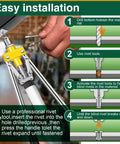 Instruction guide showing installation steps for using 245 Pcs Pop Rivets Kit For Metal And Aluminum Blind Rivets in auto body repair.