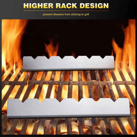 Four Piece Stainless Steel Kabob Skewer Rack Set For Grilling BBQ Long Skewer Holders on flaming grill