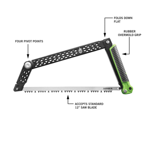 Folding Camp Saw With 12 Inch Blade For Backpacking, Hiking, Camping And Bushcraft, showing flat pocket ready design and bright green accents.