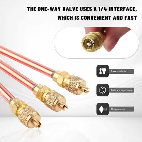 10 Piece Refrigeration Service Access Valves Kit One Quarter Inch SAE To One Quarter Inch OD Two Point Nine Five Inch Brass Copper HVAC AC System Valve Stems for Pressure Testing and Refill with Close-up of Hand Holding One Valve