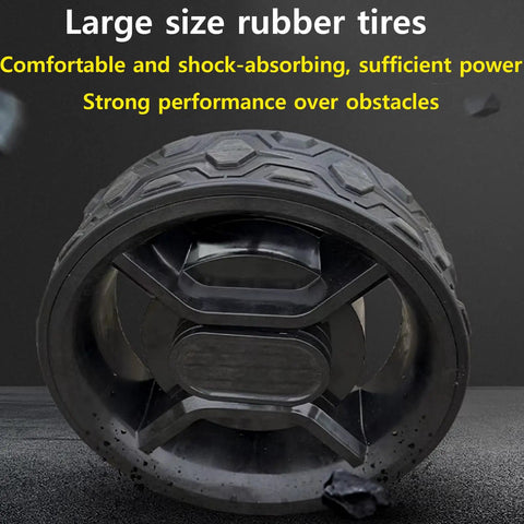 Large rubber tire of the Slick Six Wheel Electric Golf Cart, designed for shock absorption and obstacle navigation.
