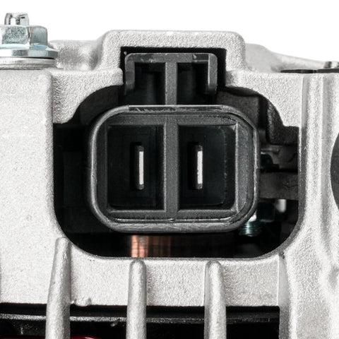 Close-up connector view Rogue 2008 2012 Alternator 110 Amp Hitachi Replacement For Nissan 12V CW Rotation With 6 Groove Pulley