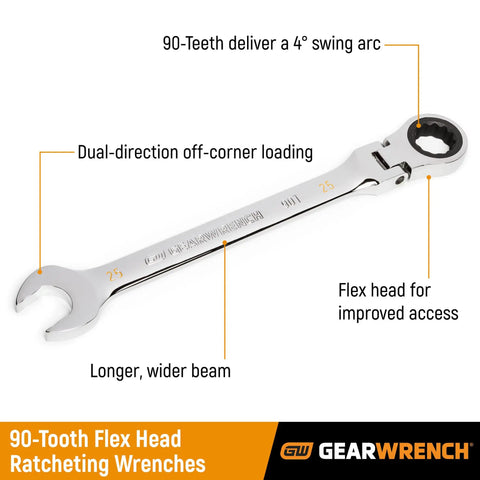 21mm 4 Degree Swing Arch 12 Point Flex Head Ratcheting Combination Wrench For Tight Spots With Dual Direction Off Corner Loading Flexible Head Access And Easy Grip Durable Steel Build on white background with highlighted features.