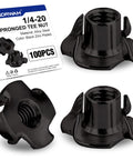 100 Pack 1/4-20 T Nuts for Wood, Black Carbon Steel 4 Prong Tee Nuts for Furniture, Cabinets, and Rock Climbing Holds displayed