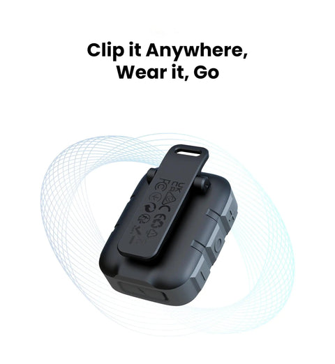 Wearable Clip On Bluetooth Speaker IP67 Waterproof Lightweight Portable Personal Hands Free Speaker With Wireless Stereo Pair ENC Mic Non Magnetic Black For Golf Work Pool And Outdoor Adventures, shown from side with clip visible