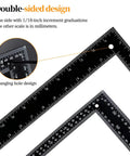 Heavy Duty Carbon Steel 8x12 Framing Square with dual scale, 1/16 inch and mm, showcasing double-sided design and hanging hole.