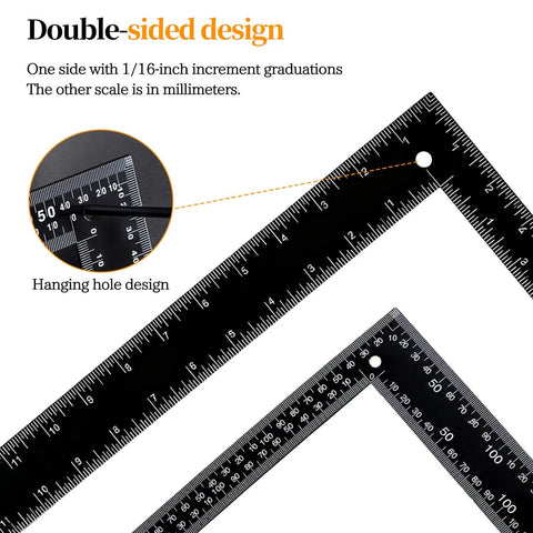 Heavy Duty Carbon Steel 8x12 Framing Square with dual scale, 1/16 inch and mm, showcasing double-sided design and hanging hole.