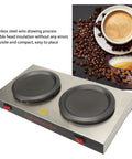 Portable Dual Burner Coffee Warmer With Thick Stainless Steel Plate Energy Efficient And Keeps Your Drink Piping Hot Straight Up Reliable Countertop Heater For Tea Coffee Milk Smooth Sipping Daily with dual heating zones and coffee cup.