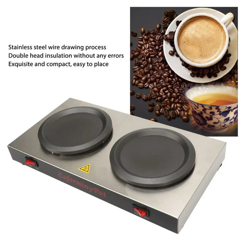 Portable Dual Burner Coffee Warmer With Thick Stainless Steel Plate Energy Efficient And Keeps Your Drink Piping Hot Straight Up Reliable Countertop Heater For Tea Coffee Milk Smooth Sipping Daily with dual heating zones and coffee cup.