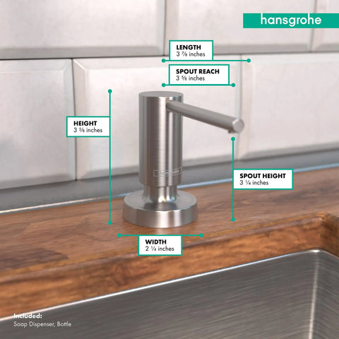 Talis Modern Bath And Kitchen Sink Soap Dispenser In Stainless Steel Optic on countertop, 16 oz capacity, above counter height.