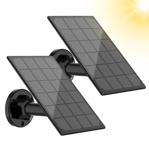 Two Pack Solar Panel Kit For Wireless Outdoor Security Cameras That Use 5V Micro USB Rechargeable Battery Power Keeps Wyze Cam And EufyCam 2 Pro And Similar Cameras Charged Outdoors All Day Weatherproof Three Point Five Watt Each Panel