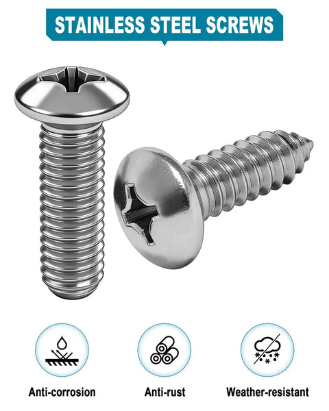 Heavy Duty Stainless Steel License Plate Screw Hardware Set With M6 Quarter Inch Bolt Fasteners Plus Slick Chrome Snap Caps, showing stainless steel screws.