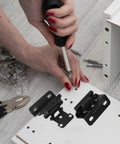 Person installing Semi Concealed Cabinet Hinges One Half Inch Self Closing For Two Pieces With Heavy Duty Steel Spring Black Finish