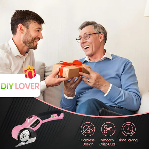 SamtuFast Cordless Electric Scissors, Lightweight Rotary Box Cutter shown with two smiling men exchanging a gift.