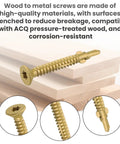 Number 10 X 1 5/8 Inch Reamer Tek Screws Self Drilling Wood To Steel Fasteners With Torx Star Drive Head on wood background.