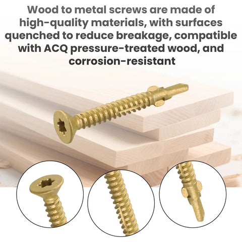 Number 10 X 1 5/8 Inch Reamer Tek Screws Self Drilling Wood To Steel Fasteners With Torx Star Drive Head on wood background.