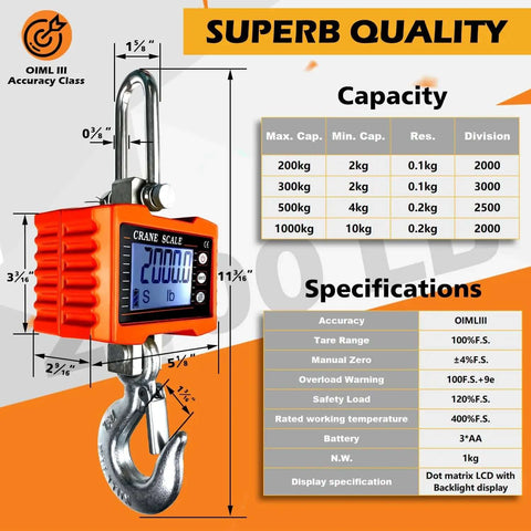 Beefy Digital Crane Scale With 1000 Kg Capacity 2200 Lb High Precision 0.2 Kg Increments Aluminum Case Remote Control CE Certified Industrial Hanging Scale For Garage Farm And Hunting Orange