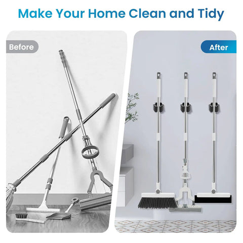 Before and after of Heavy Duty Stainless Steel Broom And Mop Wall Mount Hanger, 4 Piece Set With Screws, installed in garage.
