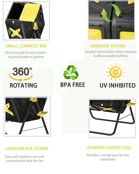 18.5 Gal Tumbling Compost Bin For Outdoor Gardens With BPA Free Materials Easy Turn Single Rotating Chamber Fast Working System UV Protected Barrel And Powder Coated Steel Stand Space Saver For Balcony Patio Or Rooftop