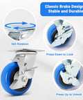 5 Inch Heavy Duty Caster Set Of Four With 3500 Lbs Industrial Grade Capacity And Upgraded Thickened Bracket Smooth Rolling Wheels For Cart Bases Two Brakes And Two Rigid Castors Ideal For Warehouses Workshops And Industrial Use. Close-up of caster showing brake mechanism and 360-degree rotation.