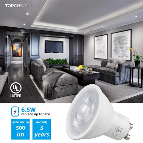 GU10 LED Bulbs Dimmable Pack Of 6, UL Listed, in a modern living room setting