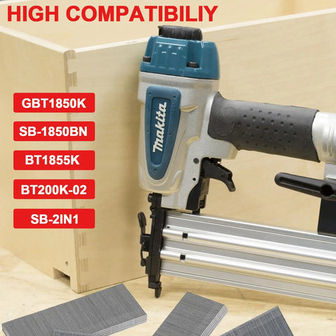 Heavy Duty 15000 Pack 18 Gauge Brad Nails 2 Inch Electro Galvanized Steel showing nail gun with compatible nails for woodworking.
