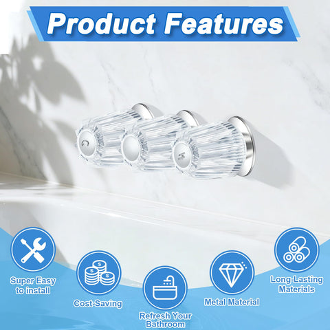 Three Handle Bathtub Shower Trim Kit Compatible With Verve Windsor Faucets, clear acrylic knobs on marble wall