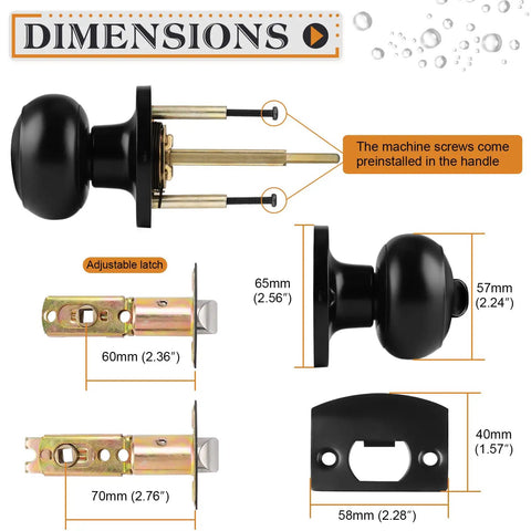 Dimensions of Matte Black Interior Door Knob Set With Round Ball Privacy Handle For Bedroom And Bathroom, ANSI Grade 3.