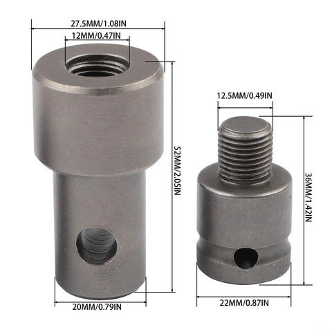 Beefed-Up Earth Auger Adapter With Four Interface Types For Impact Wrench And Hammer Drill, shown with size measurements